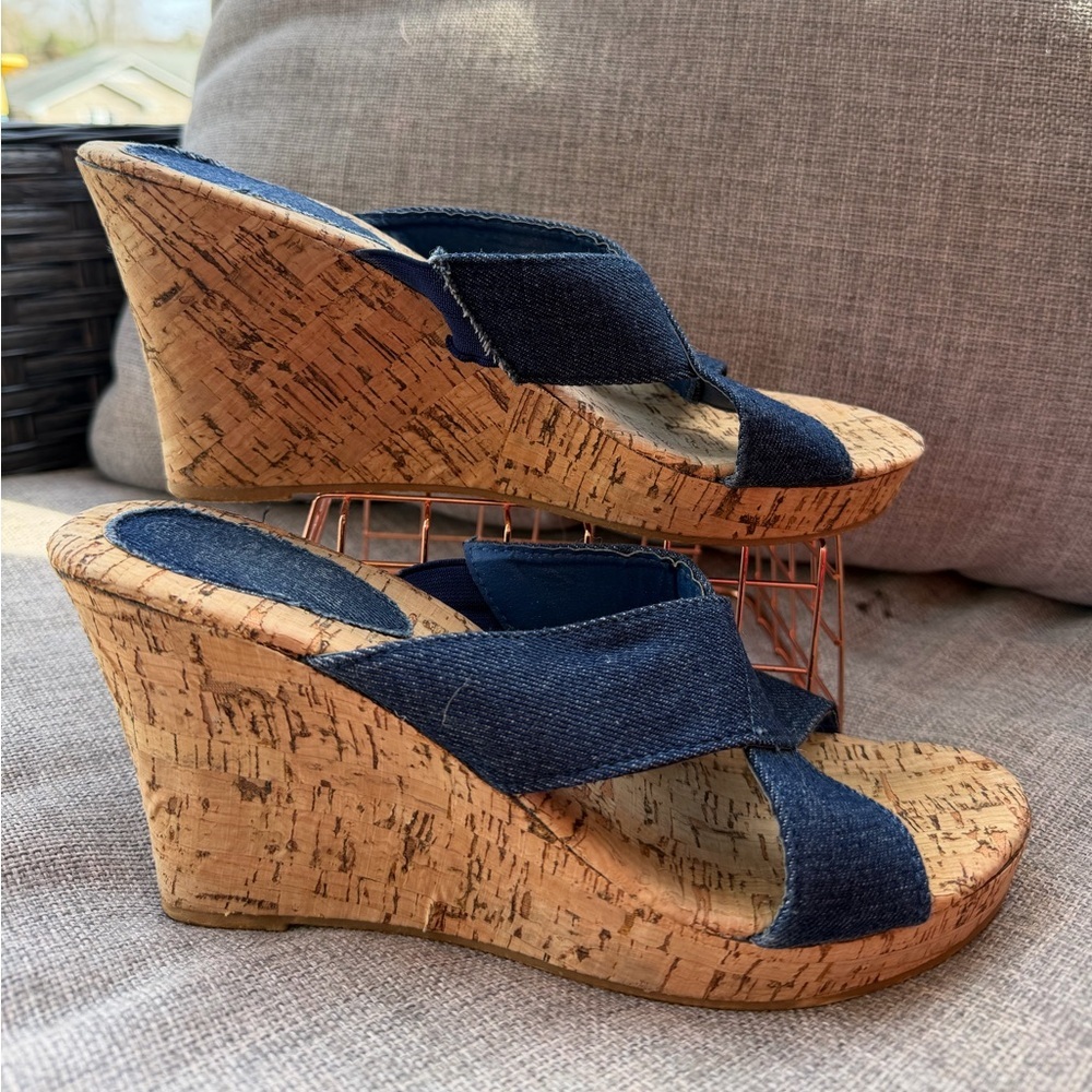 Denim Cork Wedge Sandals